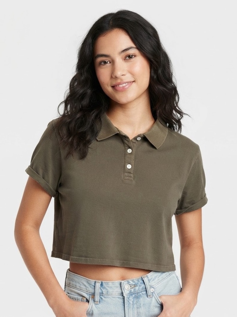 Wild Fable Olive Green Cropped Short Sleeve Polo Shirt Size Large